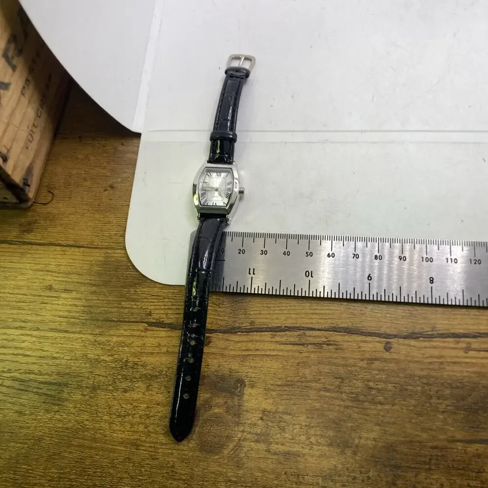 Womens Black Leather Silver Watch New Battery
